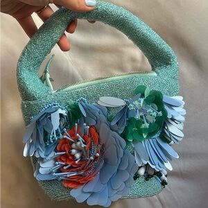 Floral Embellished Teal Handbag